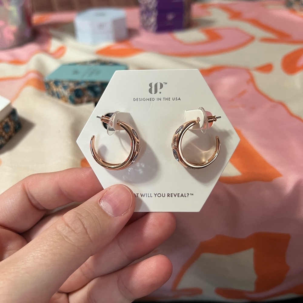 Rose Gold Hoop Earrings with Aquamarine details